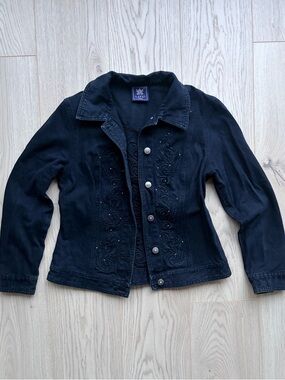 Lafei Nier Black 100% Cotton Denim Jacket Embroidered Crystals Size L